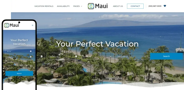 Maui vacation rental website theme, homepage design